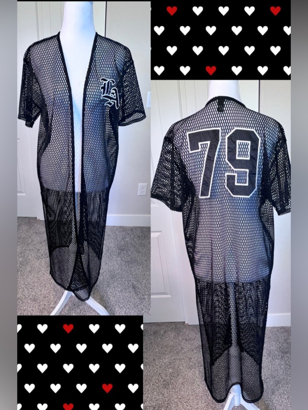 Black Mesh Longline Kimono Cover-Up with LA Logo and 79 Back Sz Medium